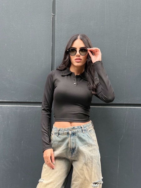 Siyah Polo Yaka Uzun Kol Tişört - Thumbnail