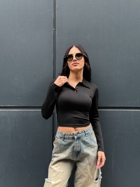 Siyah Polo Yaka Uzun Kol Tişört - Thumbnail