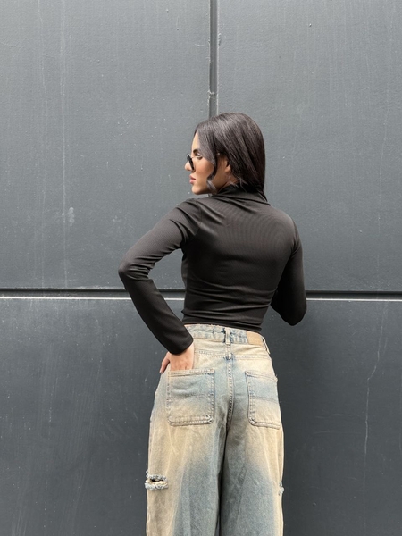 Siyah Polo Yaka Uzun Kol Tişört - Thumbnail