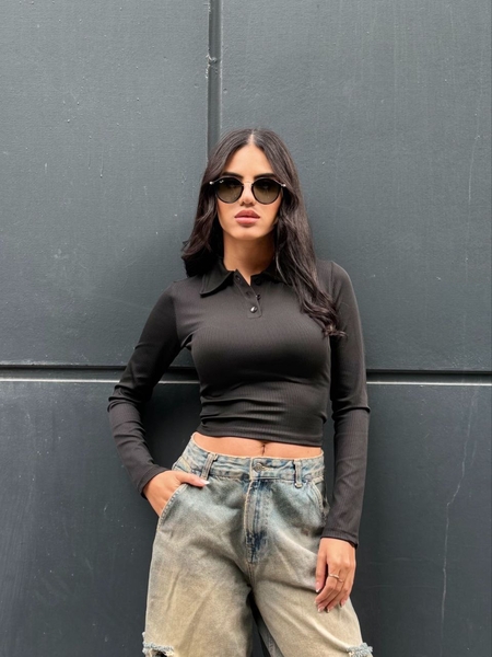  - Siyah Polo Yaka Uzun Kol Tişört