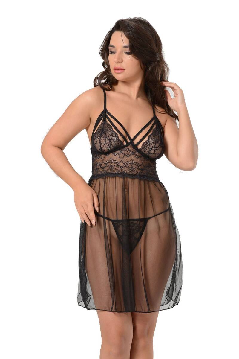 Siyah Sırt Detaylı Tül Gecelik Takım