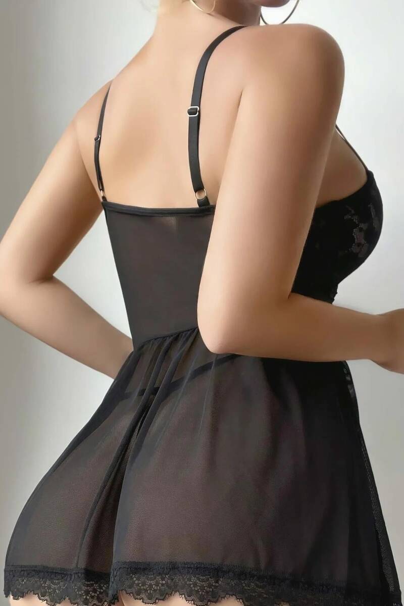 Siyah Tül Gecelik Jartiyer Takımı