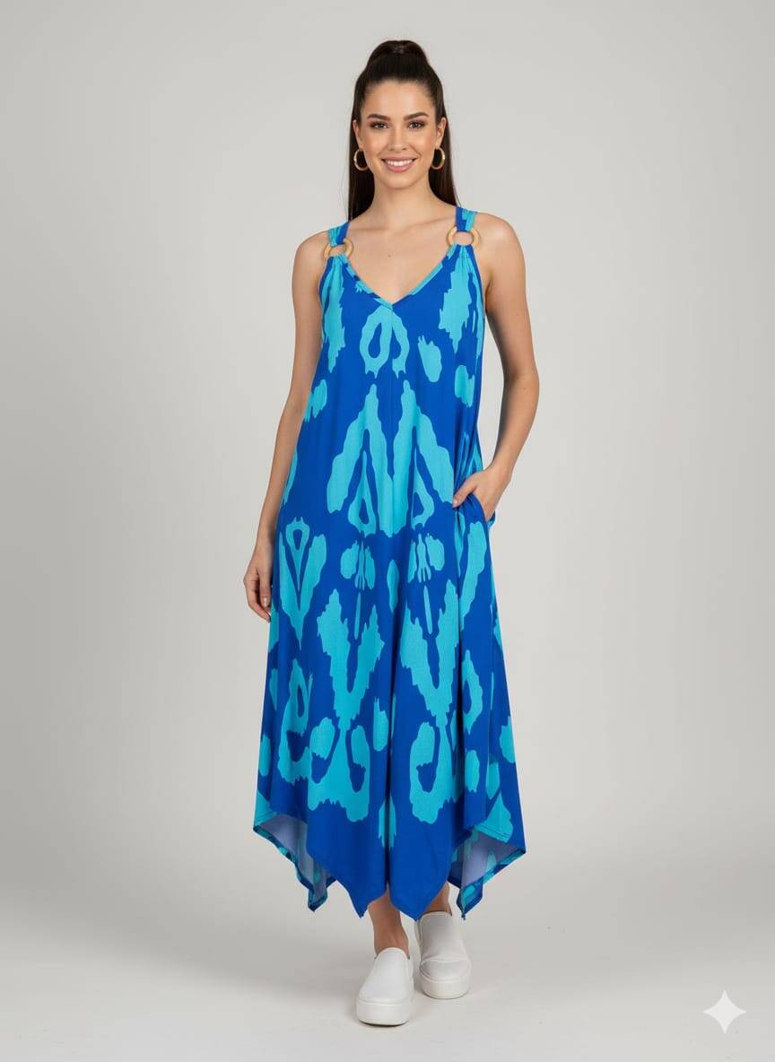 Toka Detaylı Yazlık Mavi Elbise