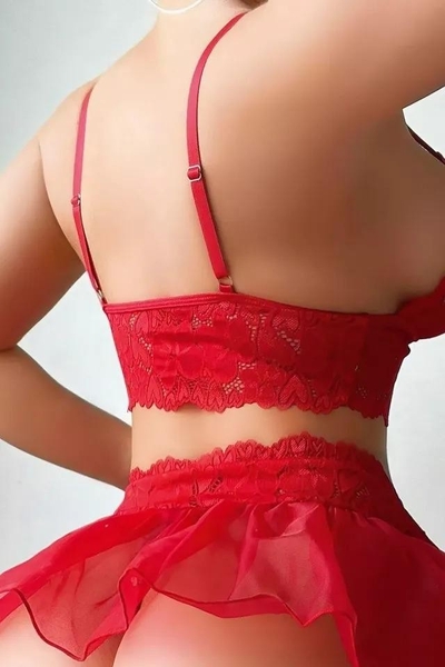 Tül Etekli Kırmızı Jartiyer Takımı - Thumbnail