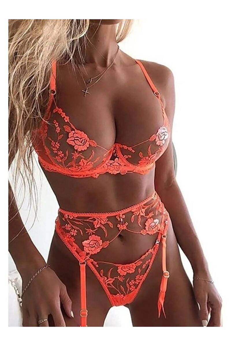 Turuncu Dantel Fantazi Jartiyer Takımı