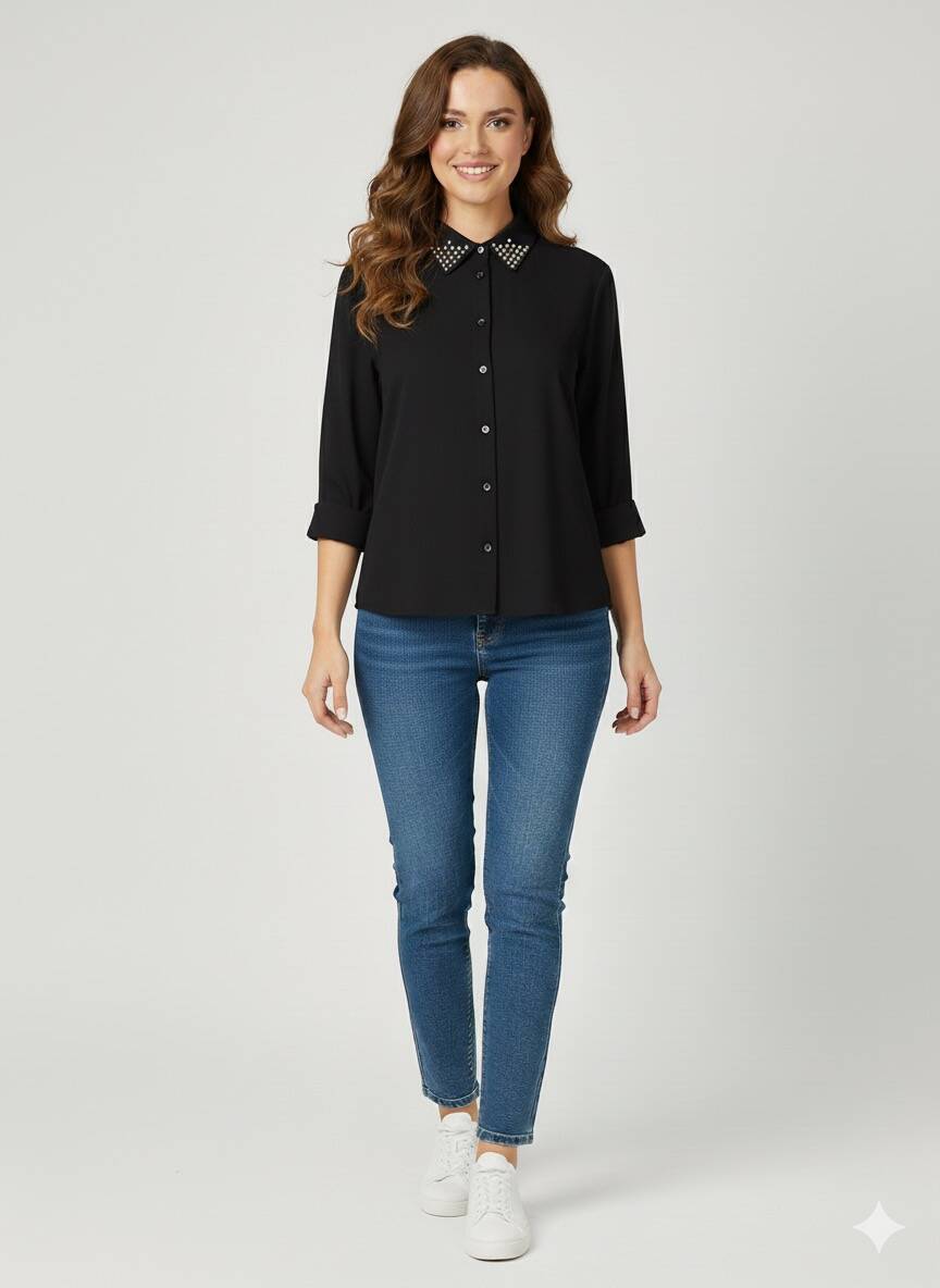Yakası Taşlı Kadın Gömlek Yakası Taşlı Kadın Gömlek