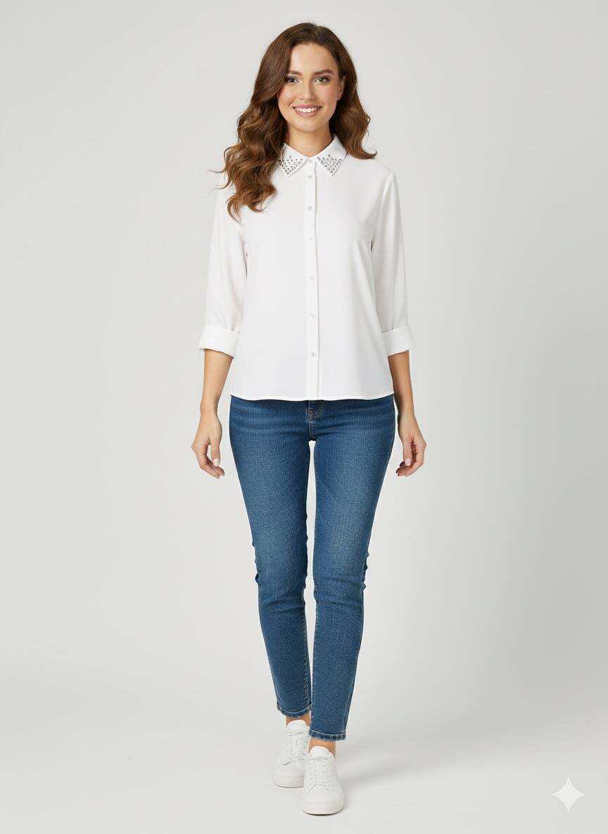 Yakası Taşlı Kadın Gömlek Yakası Taşlı Kadın Gömlek