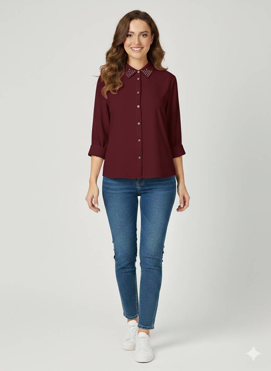 Yakası Taşlı Kadın Gömlek Yakası Taşlı Kadın Gömlek